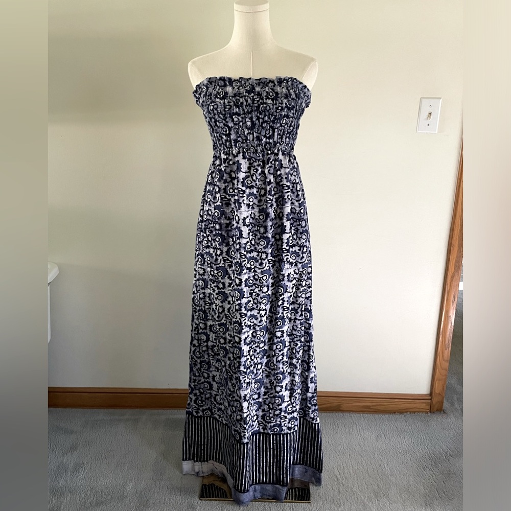 NWOT Faherty Strapless Linen Indigo Pattern Dress